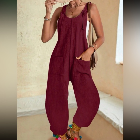 Boho burgundy cami jumpsuit with pockets - Picture 1 of 15